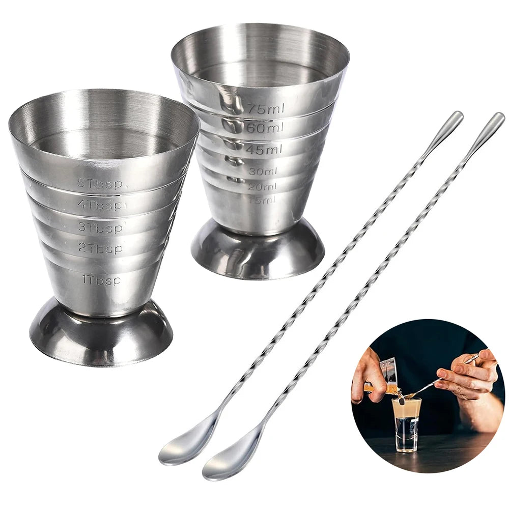 Edelstahl-Messbecher mit Rührlöffel, Cocktail-Jigger, Messbecher, 2,5 oz/5 TBSP/75 ml, Liquor Shot Set, Bar-Zubehör