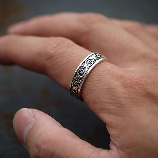 Retro Thai Silber Gras Muster Ring für Männer Trendy Vielseitig Personalisierter Schmuck Offene Einzelringe Fingerschmuck KOFSAC