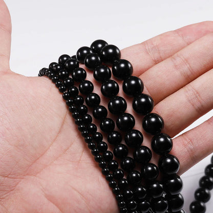 Glatte schwarze Achate Natursteinperlen für Schmuckherstellung runde Onyx lose Perlen 6 8 10 12 mm DIY Armband Halskette 15 Zoll