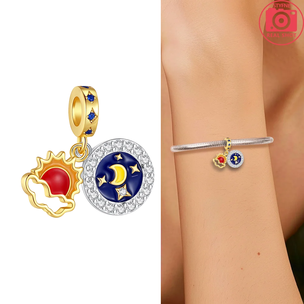 Original funkelnde Charm-Perlen aus 925er-Sterlingsilber, Gold, Rose, heller Stern, Herz, passend für Armbänder, DIY-Jubiläums-Schmuck, Geschenk