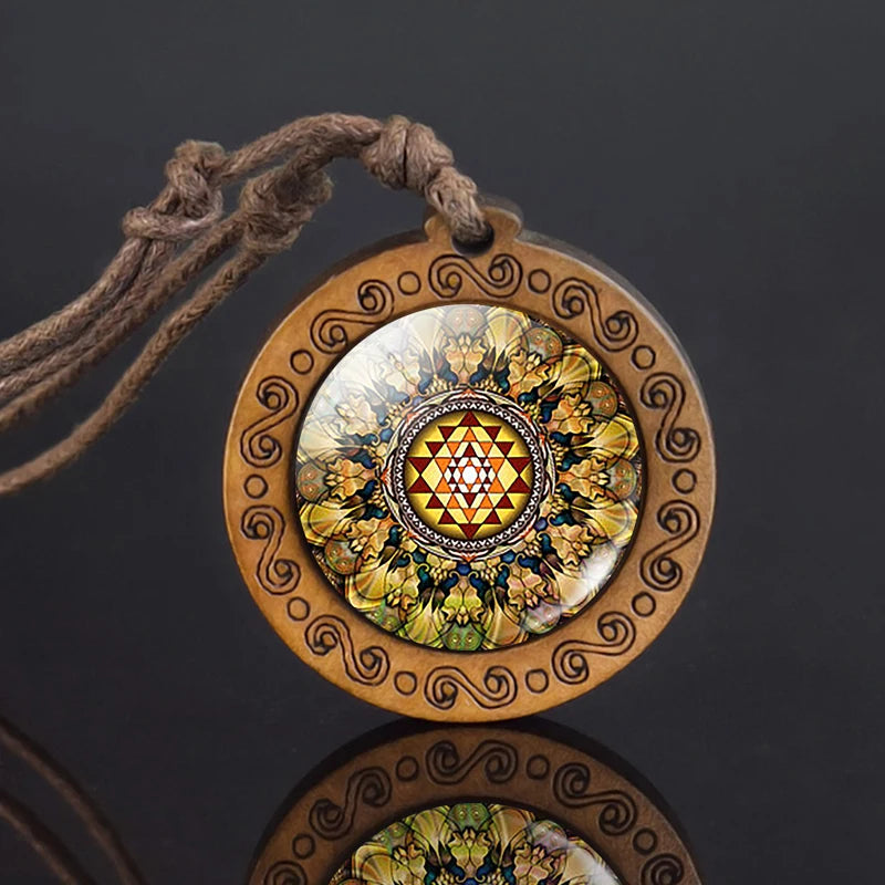 Mandala glass necklace, retro art, wooden pendant, Buddhist sacred geometry, jewelry, spiritual yoga gift