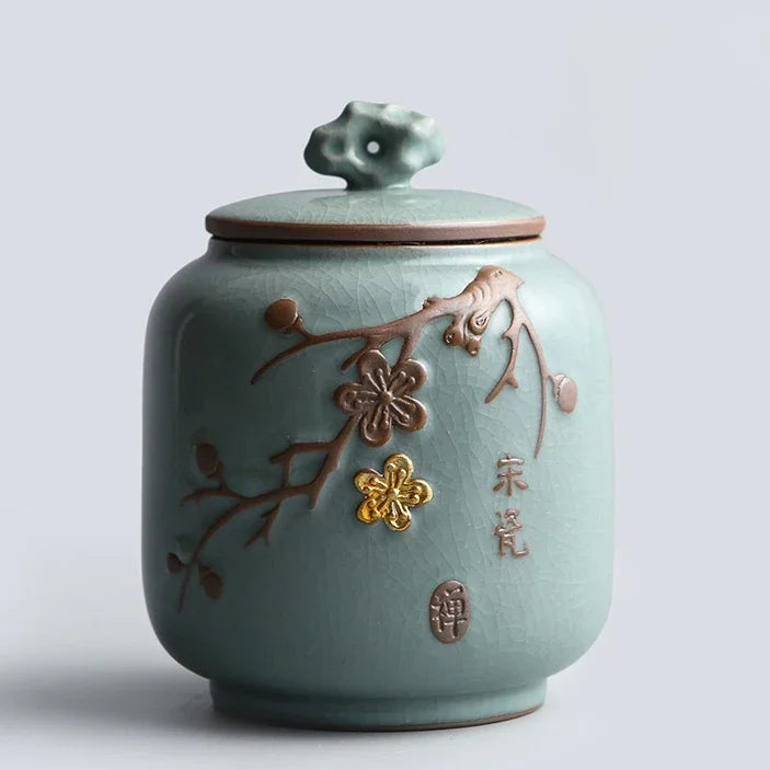 Hand-carved lotus celadon ash pet urn, dog and cat cremation urns, ceramic urns, sealed jar, funeral memorial art, large size