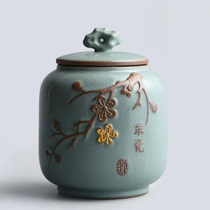 Hand-carved lotus celadon ash pet urn, dog and cat cremation urns, ceramic urns, sealed jar, funeral memorial art, large size