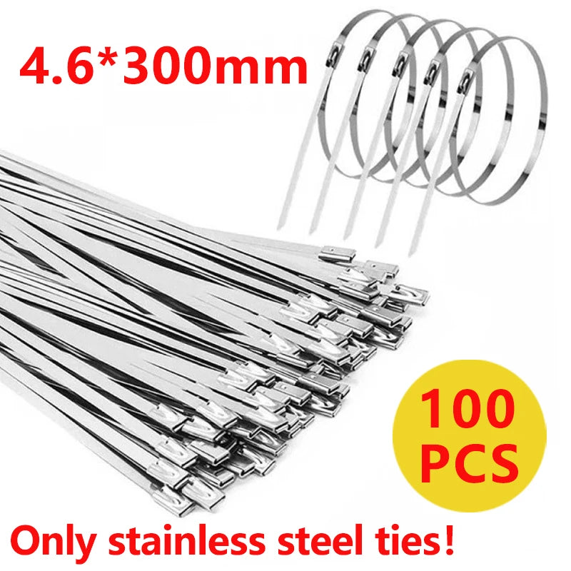 100 Pes 4,6 mm 304 Edelstahl-Metallkabelbinder, multifunktionale selbstsichernde Kabelbinder, Reißverschluss, Auspufffolie, beschichtete Verriegelung