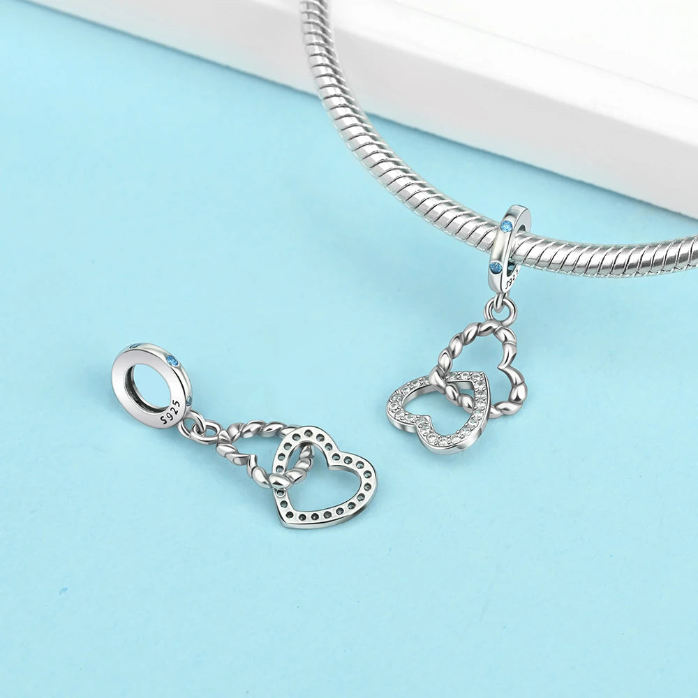 Romantischer 925 Sterling Silber Liebesschlüssel Herz-zu-Herz Charm für DIY Armband Halskette Verlobung Party Geschenke