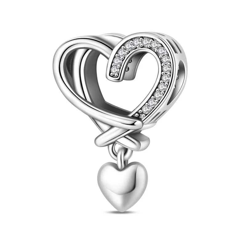 Romantische Schleifenperlen aus 925er-Sterlingsilber und herzförmiger, unendlicher baumelnder Charm, passend für Armbänder, schöne Schmuck-Accessoires, Geschenke