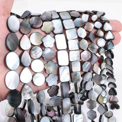 Natürliche graue schwarze Muschelperlen, rund, quadratisch, Perlmutt-Muschelperlen für die Schmuckherstellung, DIY-Charm, Halskette, Armband, Ohrringe