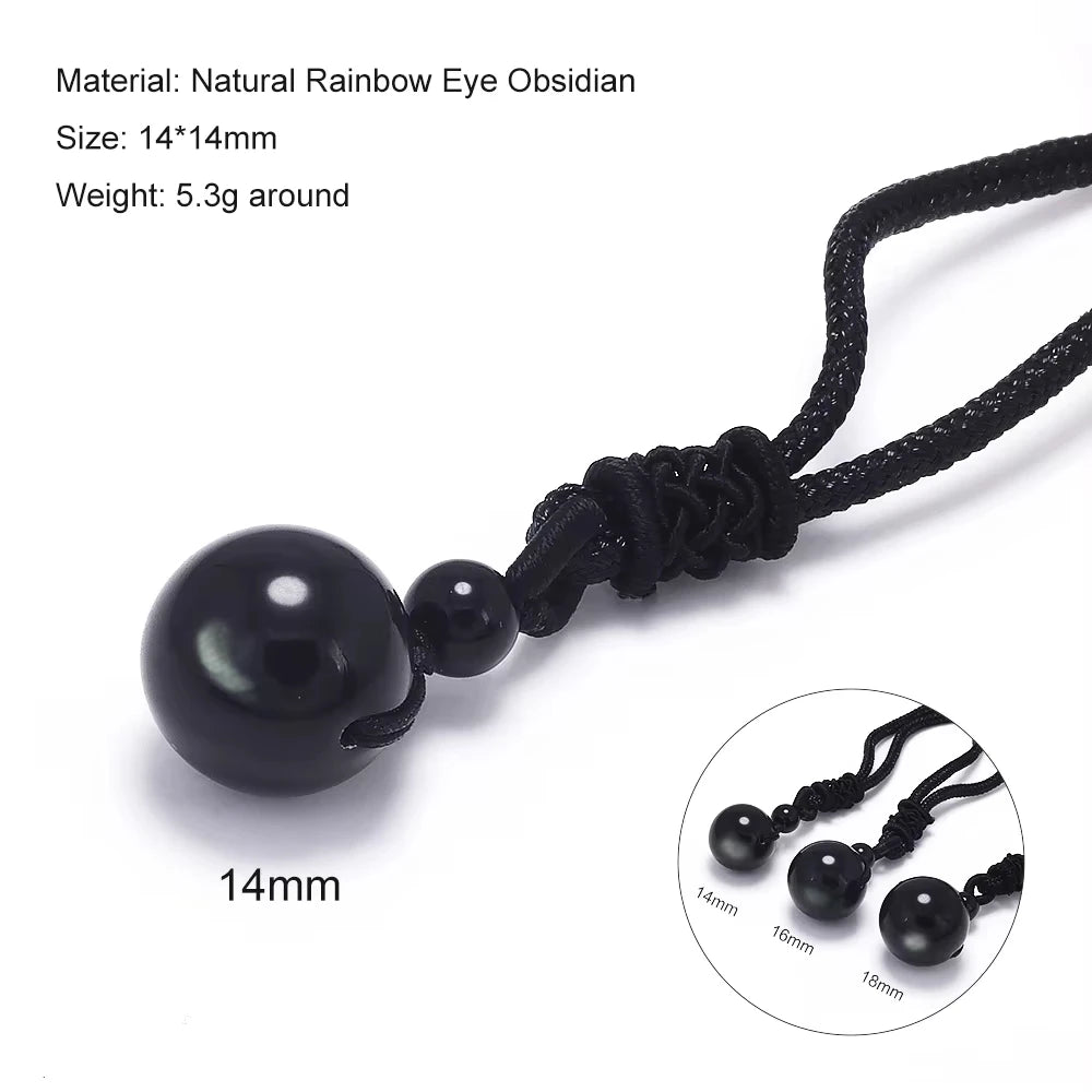 Halsketten und Anhänger aus Naturstein für Damen und Herren, schwarzer Obsidian, Regenbogenaugenperlen, Kugeltransfer, Lucky Love