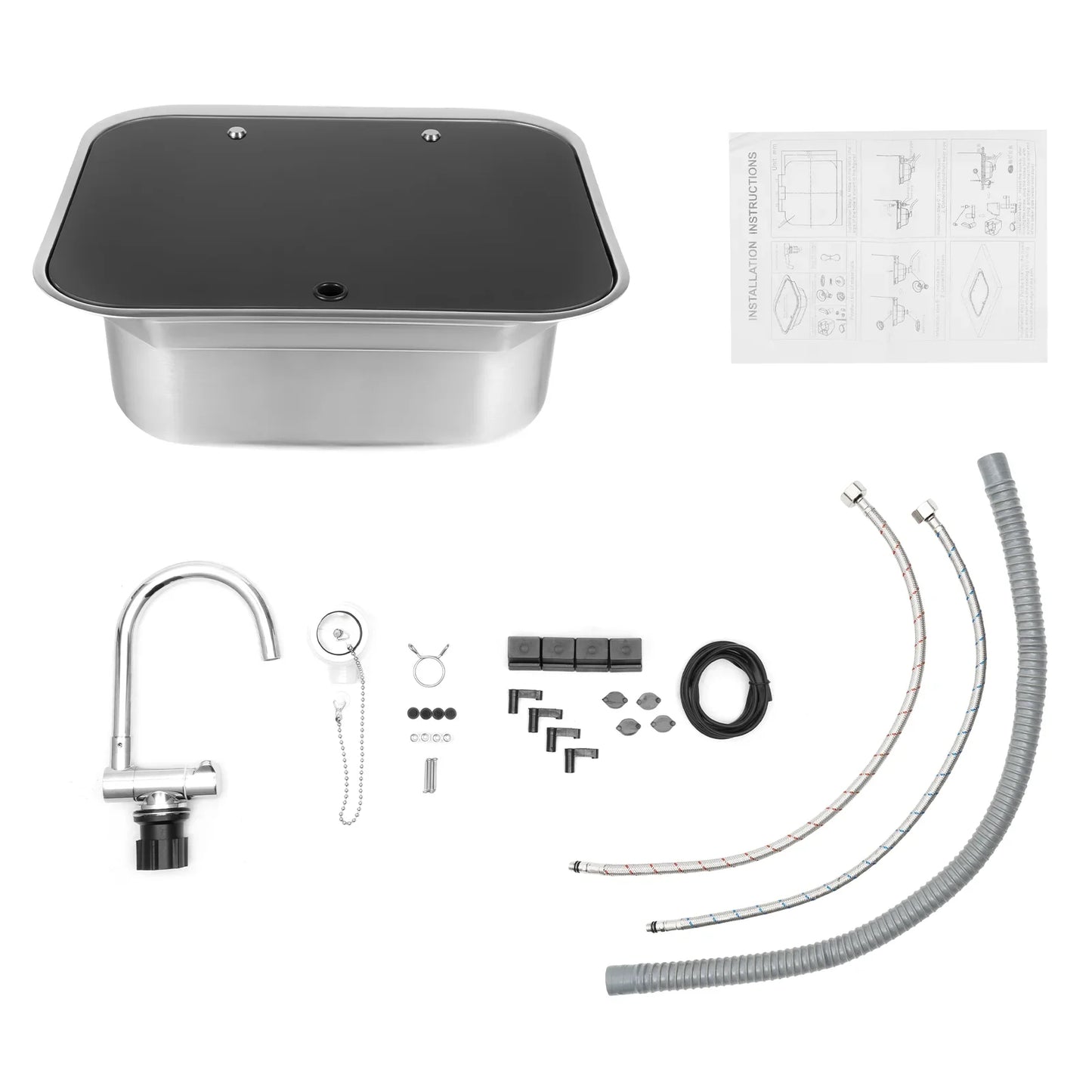 RV-Küchenspüle mit Armatur aus Edelstahl, Handwaschbecken mit Deckel für Wohnmobile, Wohnwagen, Camper, Boote, 16,14x14,37x6,3 Zoll