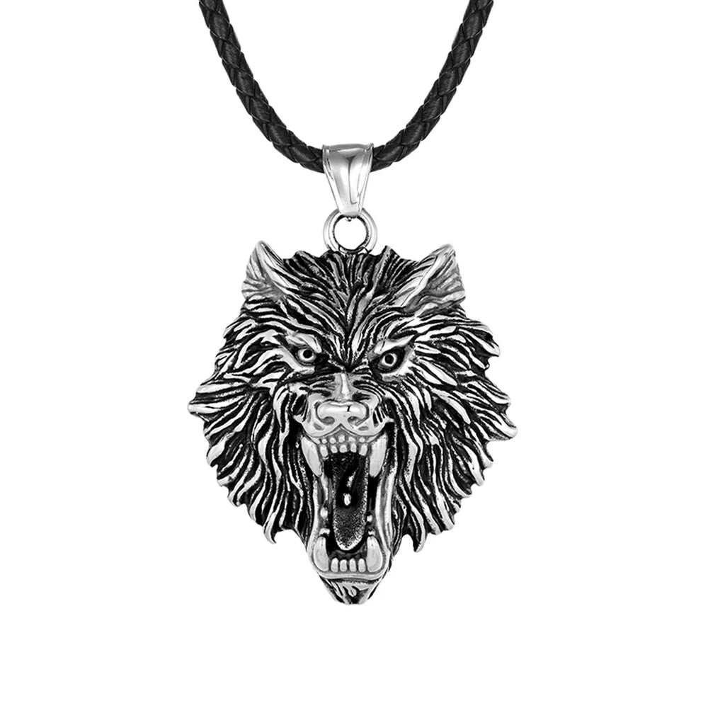 Punk Vikings Wolf Head Necklaces Stainless Steel Vintage Nordic Odin's Wolf Pendant Amulet Men Charm Genuine Leather Rope Jewelry