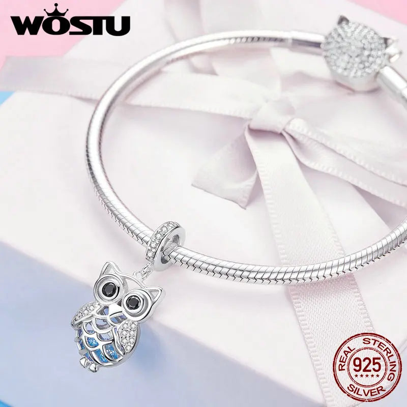 WOSTU Schöne 925 Sterling Silber Tier Eule Charms CZ Bead Fit Original Armband Anhänger Für Frauen Silber 925 Schmuck CQC1124