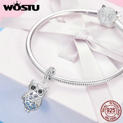 WOSTU Schöne 925 Sterling Silber Tier Eule Charms CZ Bead Fit Original Armband Anhänger Für Frauen Silber 925 Schmuck CQC1124