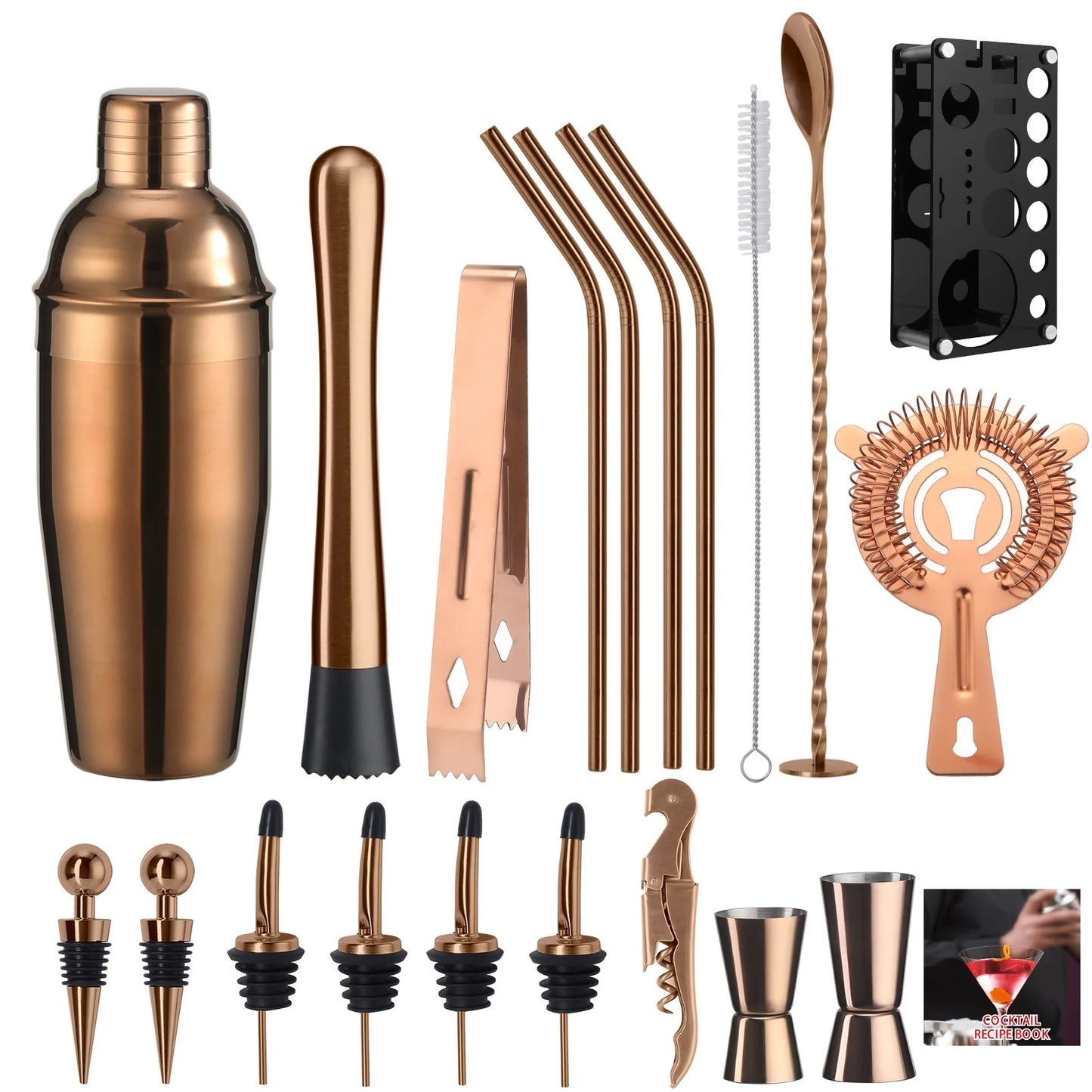 Cocktail-Shaker-Set, 20-teilig, Barkeeper-Set mit Ständer, Mixologie-Bar-Set, Getränkemixer-Set mit unverzichtbarem Zubehör, Werkzeug, Rezept-Broschüre