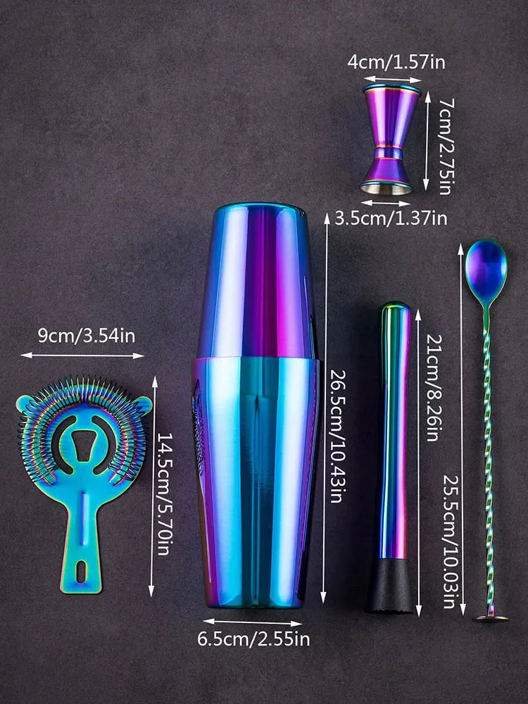 5-teiliges Regenbogen-Cocktail-Shaker-Bar-Set, Boston Shaker-Dosen aus Edelstahl, Barkeeper-Set, Getränkemixer, Party-Bar-Werkzeuge
