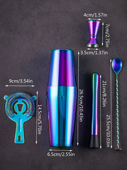 5-teiliges Regenbogen-Cocktail-Shaker-Bar-Set, Boston Shaker-Dosen aus Edelstahl, Barkeeper-Set, Getränkemixer, Party-Bar-Werkzeuge