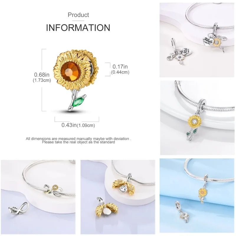 Gelber Sonnenblumen-Charm aus 925er Silber, Original-Zirkon, Kolibri, Einhorn-Charms, passend für Armbänder, DIY-Schmuck für Frauen, Hochzeitsgeschenk