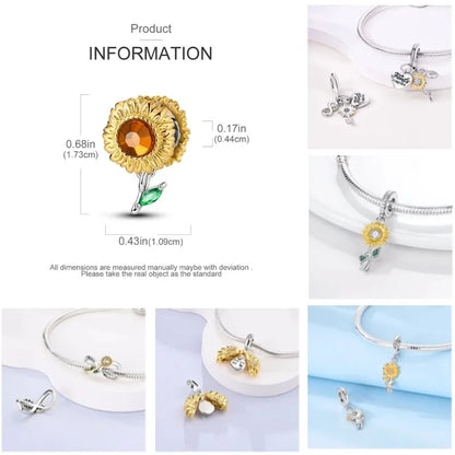 Gelber Sonnenblumen-Charm aus 925er Silber, Original-Zirkon, Kolibri, Einhorn-Charms, passend für Armbänder, DIY-Schmuck für Frauen, Hochzeitsgeschenk