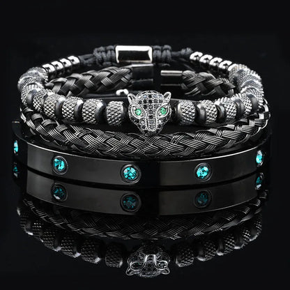 Luxus Schwarz Stein Perlen Leopard Kopf Mann Armband Emaille Edelstahl Römischen Armreifen Frauen Schmuck Set