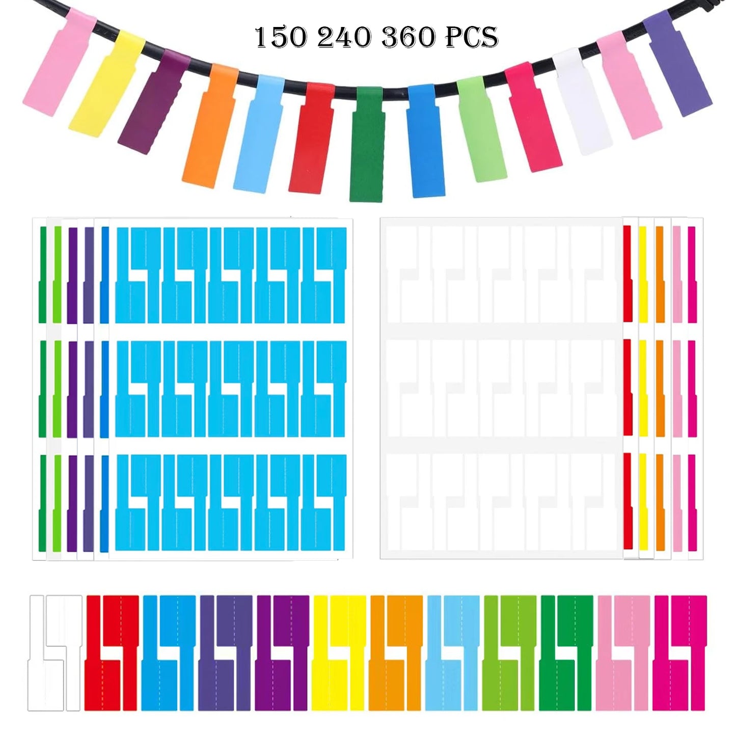 150–1080 Stück selbstklebende Kabeletiketten, bunte, wasserdichte Kabelmarkierungsbinder, Druckeraufkleber, Faserdraht-Etiketten, Organizer