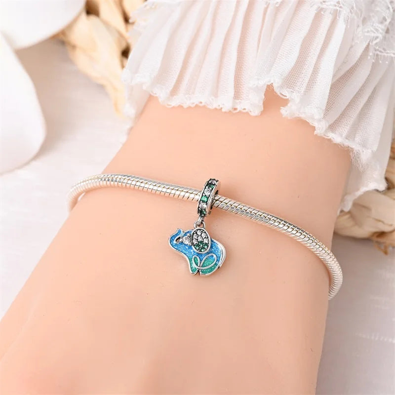 Heißer Verkauf 925er Sterlingsilber, bunter und funkelnder Elefant, baumelnder Charm für Armband, schöner Schmuck, Accessoires, Geschenke