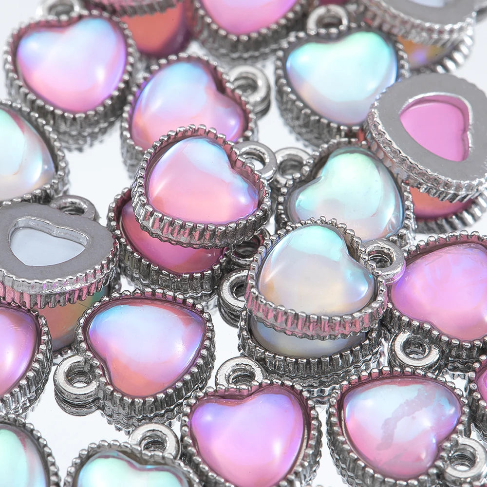 10 Stück AB Farbe Herz Glasperlen Anhänger mit antikem Silberrahmen für DIY Valentinstag Ohrring Halskette Schmuck