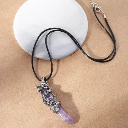 Vintage Herren Kristall-Halskette Drachen Naturstein Rosa Quarz Obsidian Amethyst Anhänger Edelstahl-Halsketten Amulett