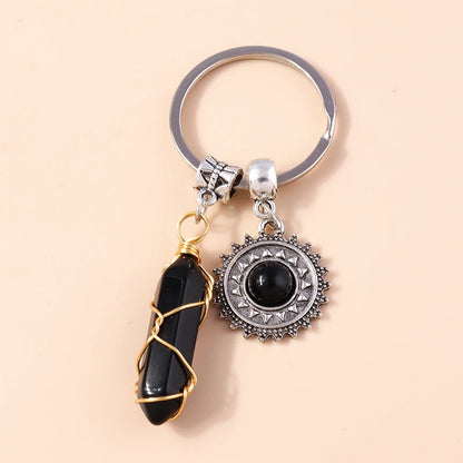 Nette Natürliche Stein Keychians Retro Silber Farbe Legierung Sonne Charms Schlüsselanhänger Frauen Männer Handtasche Anhänger Schlüssel Ketten DIY Zubehör