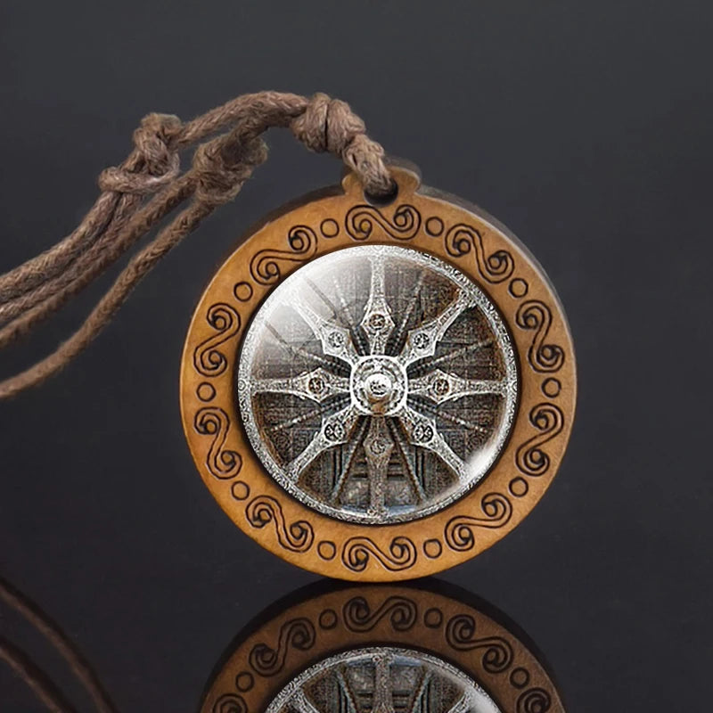 Mandala glass necklace, retro art, wooden pendant, Buddhist sacred geometry, jewelry, spiritual yoga gift