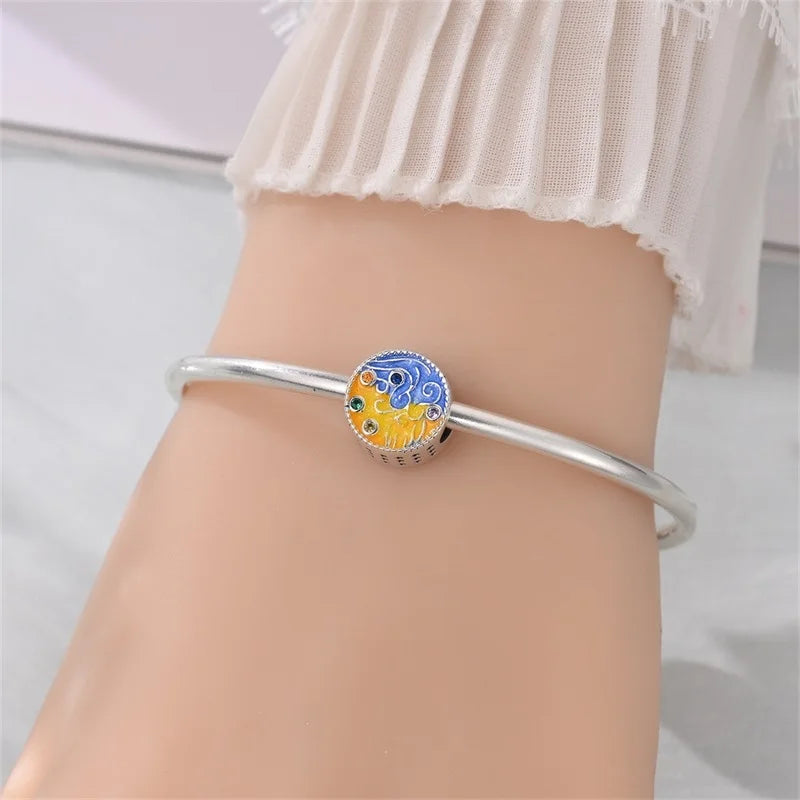 Bunte 925er-Sterlingsilber-Anhänger mit Sternenhimmel-Ölgemälde und leuchtenden Engeln, passend für Armbänder, schöne Schmuckgeschenke