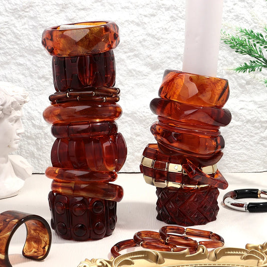Retro Bernstein Unregelmäßige Geometrische Acryl Armbänder für Frauen Boho Statement Harz Stapelbare Armband Armreif Paar Schmuck Geschenke