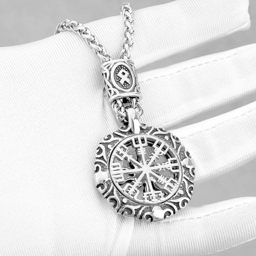 Kreatives Design Wikinger Rune Kompass Halskette Vintage Mode Amulett Edelstahl Anhänger für Herren Großhandel Schmuck