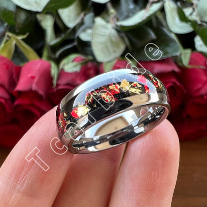 Dropshipping 6mm 8mm 18k Gold Farbe Kuppel Ehering Schöner Wolframkarbid Ring mit roter und Goldfolieninlage Comfort Fit
