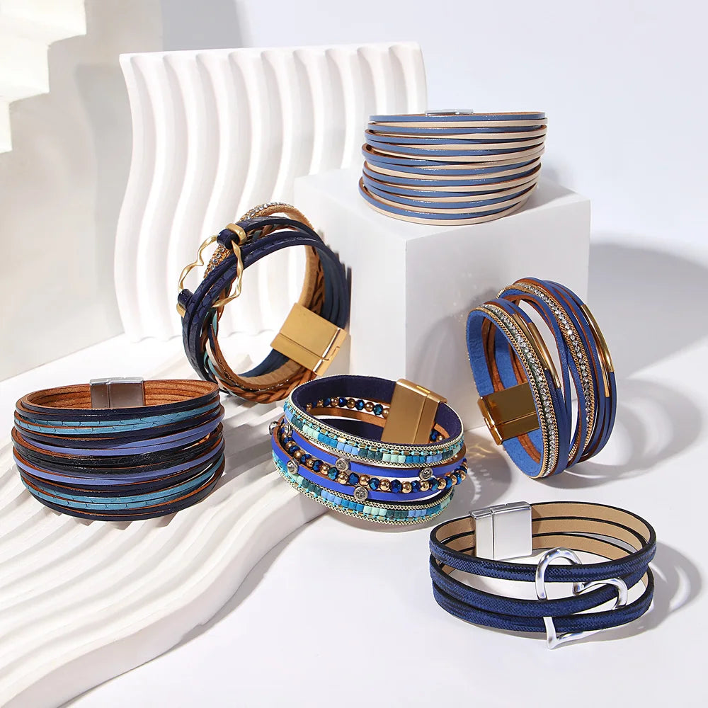ALLYES Retro Blaue Lederarmbänder für Damen Herren Boho Charm Perle Kristall Herz Mehrschichtiges Wickelarmband & Armreif Schmuck Geschenke