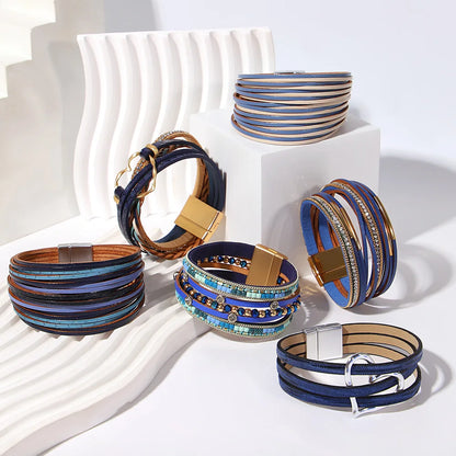 ALLYES Retro Blue Leather Bracelets for Women Men Boho Charm Pearl Crystal Heart Multilayer Wrap Bracelet &amp; Bangle Jewelry Gifts