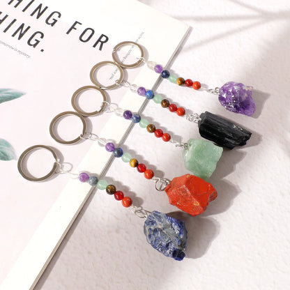 1 Stück natürlicher Kristall-Schlüsselanhänger mit sieben Chakra, Kristall-Rohstein-Anhänger, handgefertigter Schmuck, Festival-Geschenk