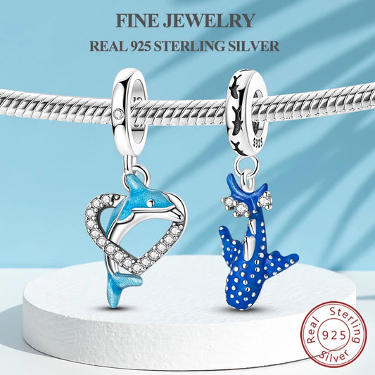 Original Charms Bead Anhänger 100 % 925 Sterling Silber Herz Delphin leuchtender Walhai Charm passend für Armband Armreif Schmuck Geschenk