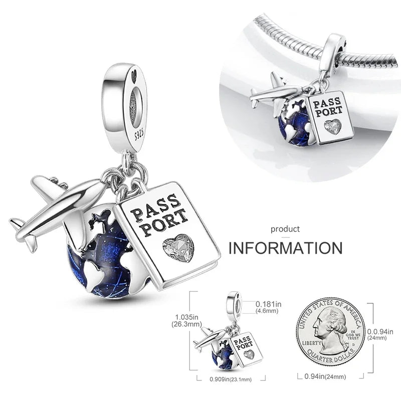 Reisepass-Charms aus 925er-Sterlingsilber, passend für Original-Armbänder, DIY-Flugzeug-Erde-Perlen für die Schmuckherstellung als Geschenk
