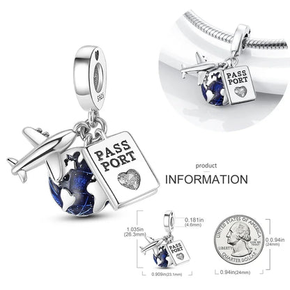 Reisepass-Charms aus 925er-Sterlingsilber, passend für Original-Armbänder, DIY-Flugzeug-Erde-Perlen für die Schmuckherstellung als Geschenk