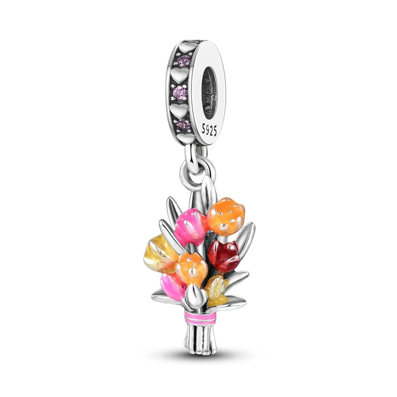 Charms-Perlen der Blumenserie, Original-Anhänger aus 925er-Sterlingsilber, Lotus-Tulpe, Rose, Nelke, passend für Armbänder, Damenschmuck, DIY-Geschenk