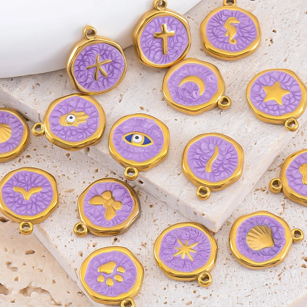 8 Stück Edelstahl Lila Rosa Emaille Herz Auge Sonne Mond Runde Anhänger für DIY Armband Ohrring Halskette Schmuckzubehör