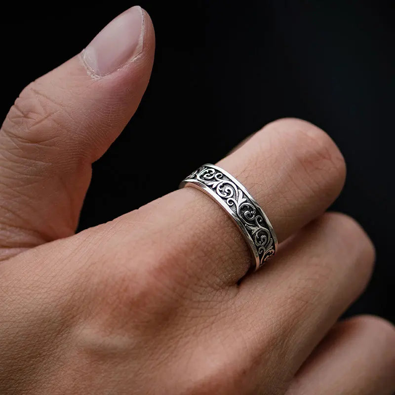 Retro Thai Silber Gras Muster Ring für Männer Trendy Vielseitig Personalisierter Schmuck Offene Einzelringe Fingerschmuck KOFSAC