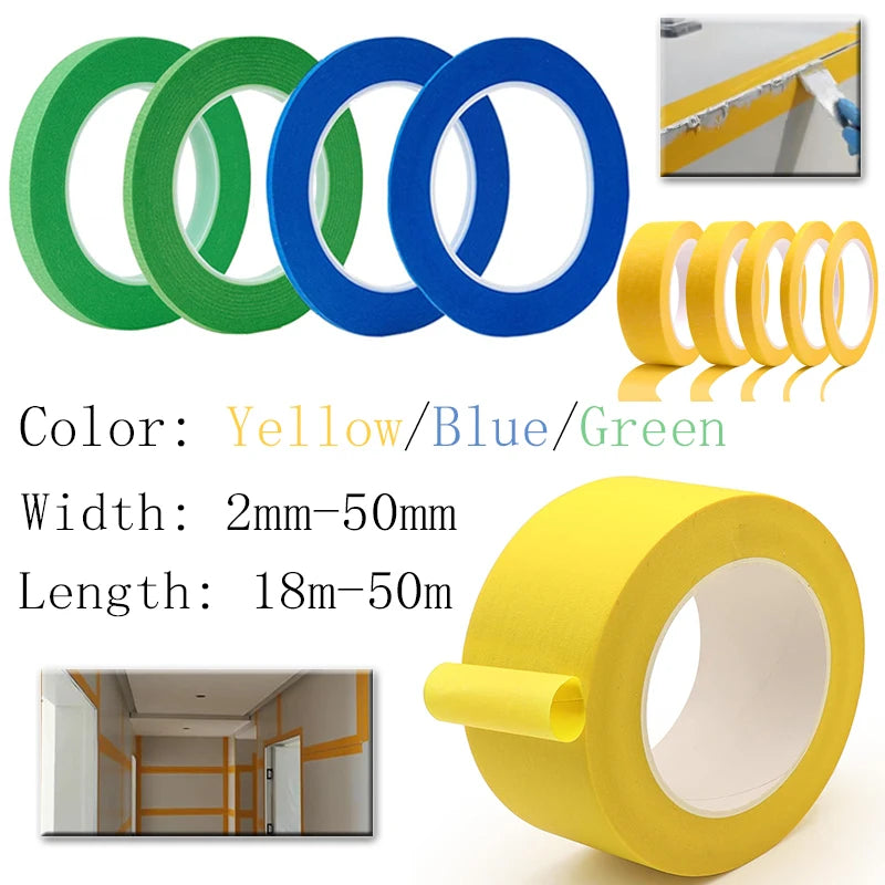 1–5 Rollen professionelles gelbes Abdeckband für die Autolackierung, 2–50 mm breites strukturiertes Papier, keine Rückstände, abreißbar, 18–50 m Länge