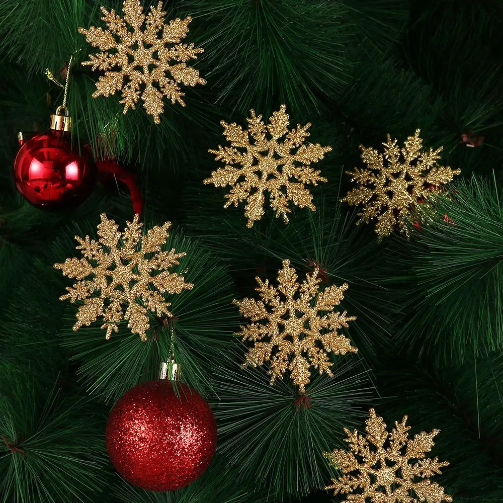 12pcs 7.5cm Gold Powder Snowflakes for Christmas, Charming White Christmas Tree Decor, Christmas Celebration Holiday Christmas Ornaments, Home Decor