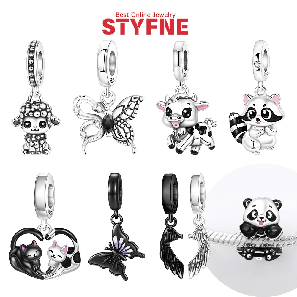 Schwarze Charms aus 925er Silber, Schmetterling, Panda, Waschbär, Kalb, Lammperlen, Anhänger, passend für DIY-Original-Armband, Halskette, Modeschmuck, Geschenk