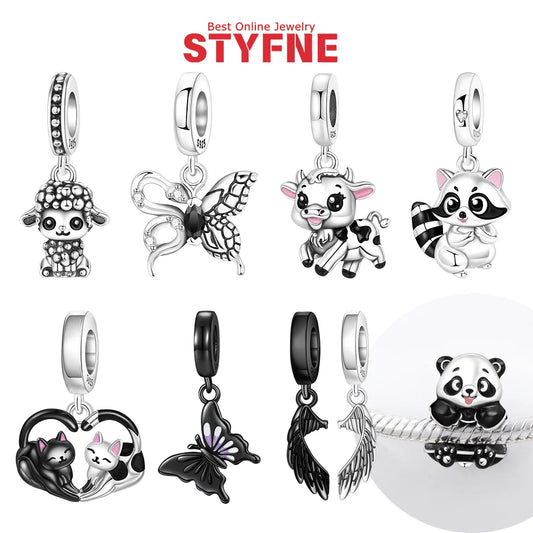 Schwarze Charms aus 925er Silber, Schmetterling, Panda, Waschbär, Kalb, Lammperlen, Anhänger, passend für DIY-Original-Armband, Halskette, Modeschmuck, Geschenk