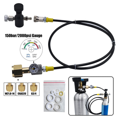 Soda Water Blue Zylinder CO2-Nachfüllstation-Adapter mit 40- oder 100-Zoll-Schlauch-Ein/Aus-Adapter W21,8-14 oder G3/4 oder CGA320-Anschluss