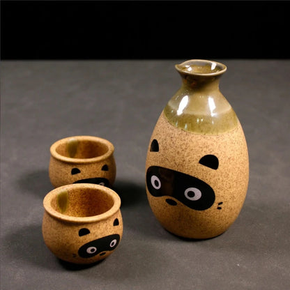 Japanisches Sake Pot Kit Handbemalt Zibet Katze Shochu Cup Set Retro Wein Keramik Zwei Tassen Barzubehör für Geschenk Bar Sets Zubehör