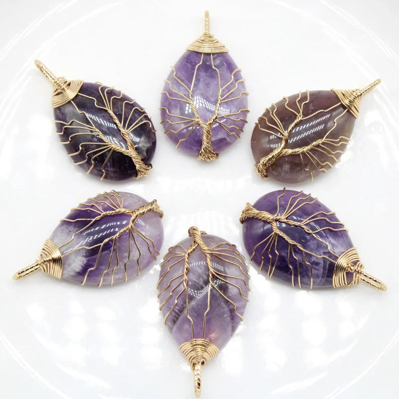 Naturstein-Kristall-Anhänger, Baum des Lebens, Amethyste, Rosen, Quarz, Kupferdraht, Draht umwickelt, trendige Schmuckherstellung, Großhandel, 6 Stück
