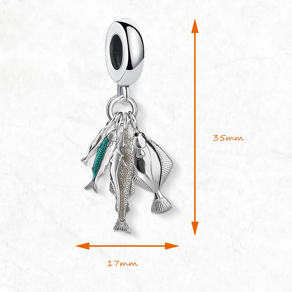 Charm-Anhänger mit Fischen, Frühling, für Herren und Damen, trendig, 925er Sterlingsilber, Schmuck, Accessoires, Glücksgeschenk