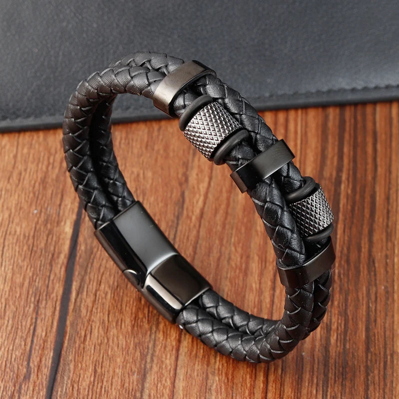 Charm Braid Rope Bracelet For Men Stainless Steel Magnetic Buckle Genuine Leather Bracelets &amp; Bangles Male Female Jewelry